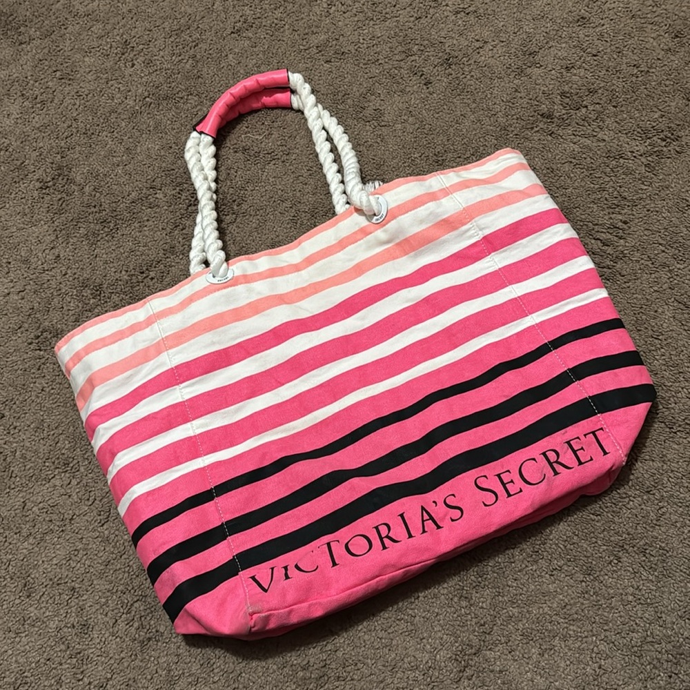 Victoria’s Secret Tote-Striped Pink White Black Peach-Open Top-“Rope” Handles - Picture 2 of 16
